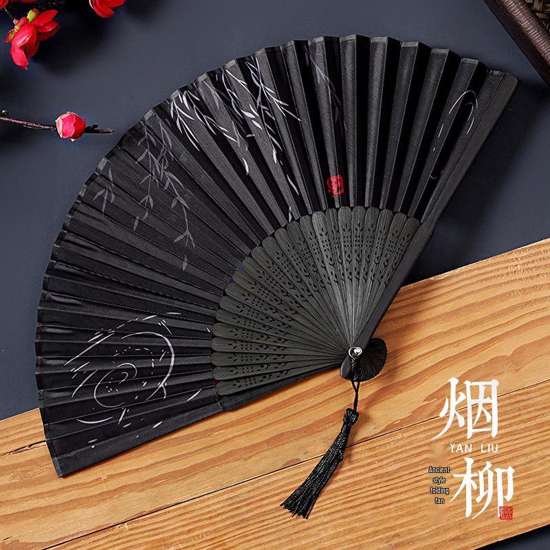 Ancient Chinese Style Black Bamboo Folding Fan for Women's Hanfu Dance Costume
