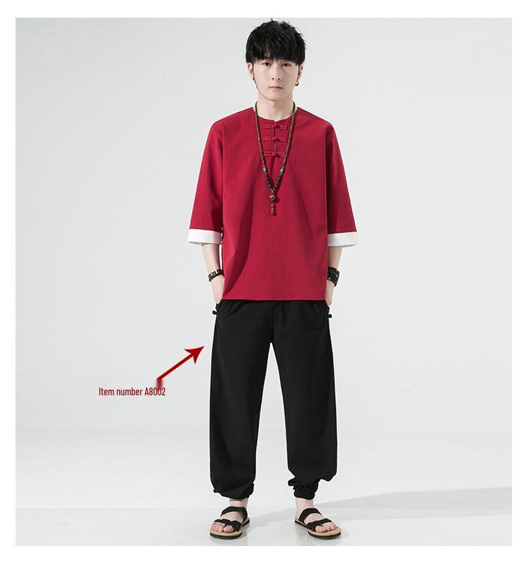 Men's Retro Plus Size Cotton Linen Hanfu T-shirt with Frog Button, Three-Quarter Sleeves