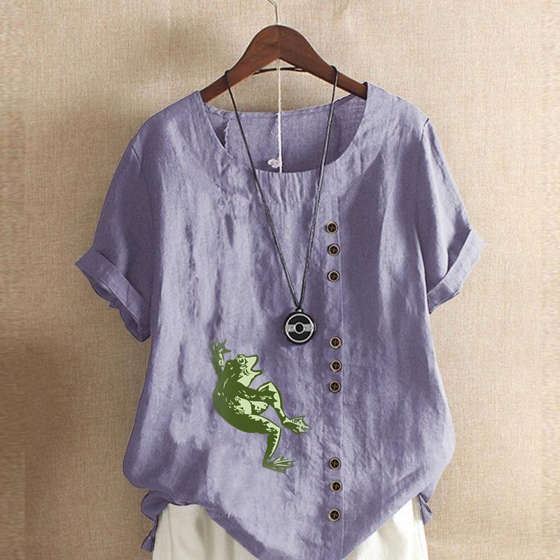 Women's Fashion Frog Prined Short Leeve T-shirt Loose Cotton Shirt Casual Loose Summer Blouse Tops Plus Size