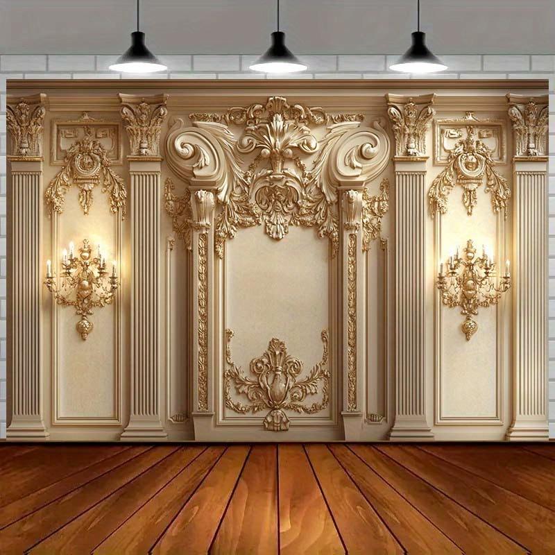 1 Luxurious Baroque-style Photo Background with Golden Reliefs and Marble Columns - Suitable for Weddings, Polyester