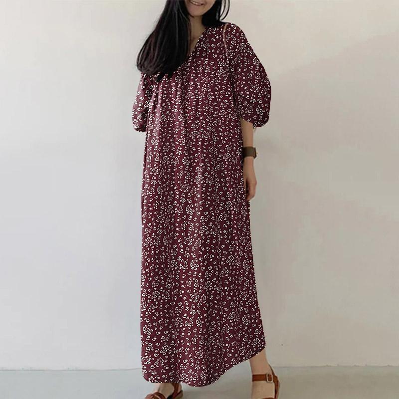 ZANZEA Women Floral Print Casual V-Neck 3/4 Sleeve Loose Long Dress
