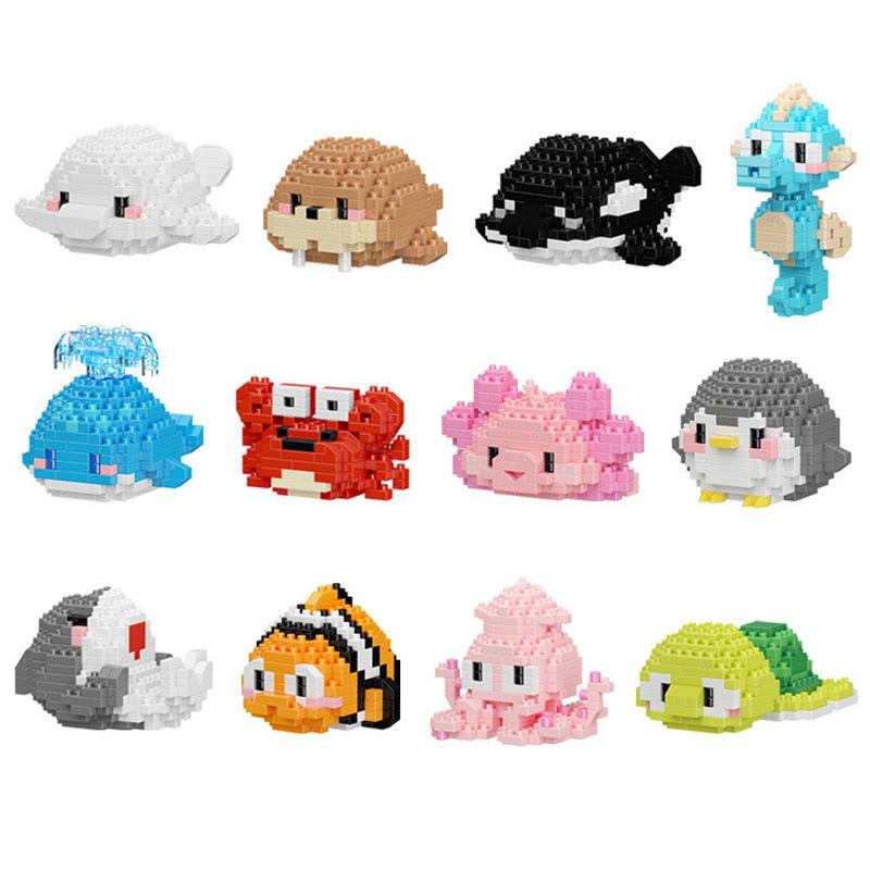 New Marine Life Series Building Blocks Turtle, Beluga, Seahorse, Crab, Octopus, Shark, Clown Fish, Killer Whale Assembled Toys