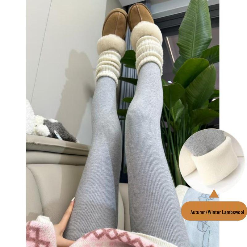 Women's High-Waist Lambswool Ribbed Leggings: Fleece-Lined, Thick, Cotton, Slim-Fit Autumn/Winter Pants for Warmth