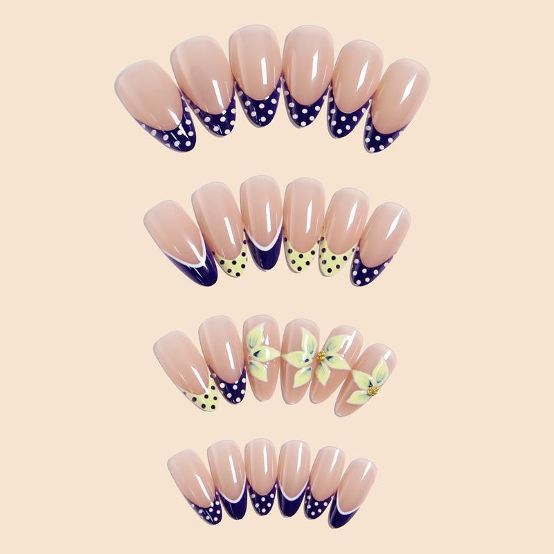 French Wear Nails Polka Dot Contrasting Almond Nails 3D Three-dimensional Flower Fake Nails Finished Nails