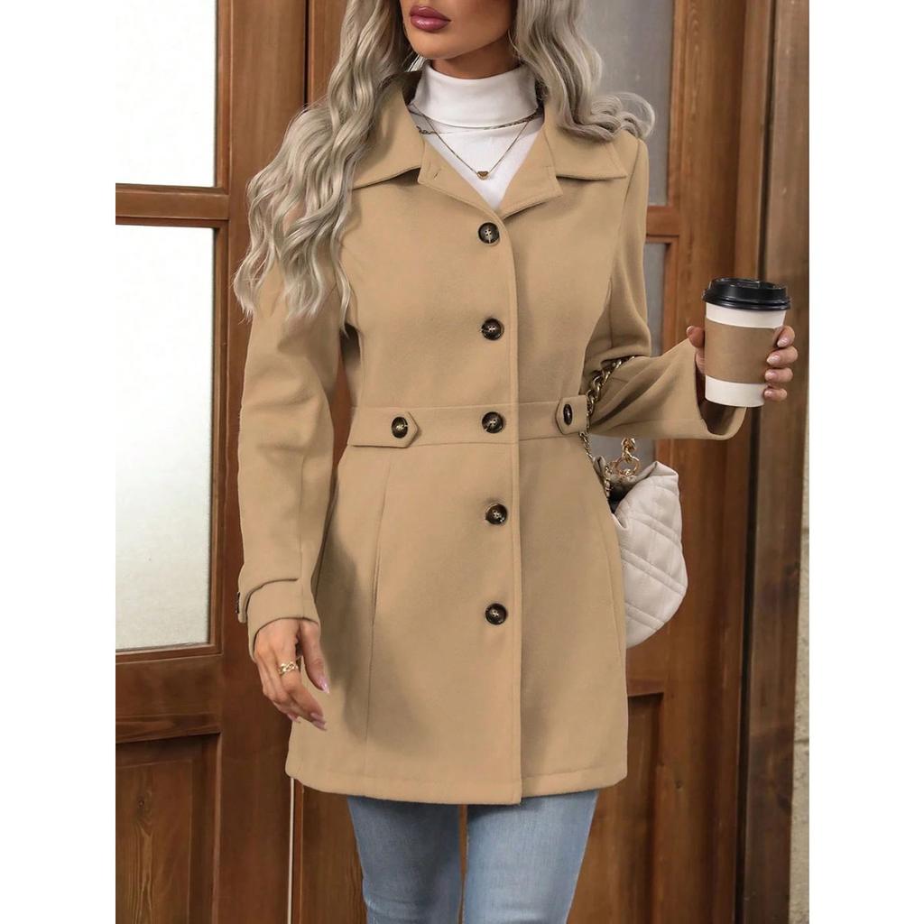 Fall Winter Women's Slim Fit Turn-down Collar Wool Blazer Coat Elegant Outerwear for European American Cross-border