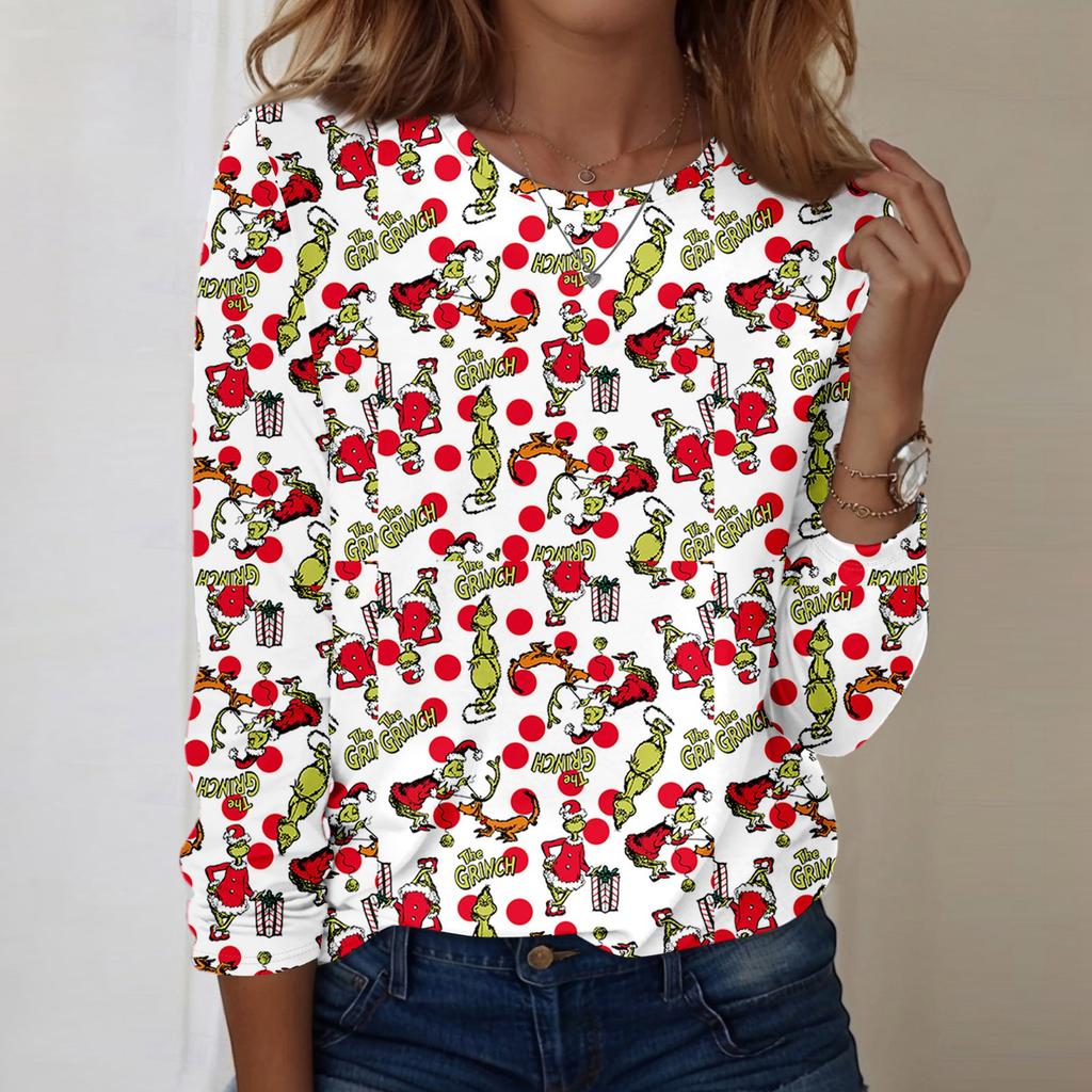 Women's Fashion Casual LongSleeve Print Round Neck Pullover Top Blouse