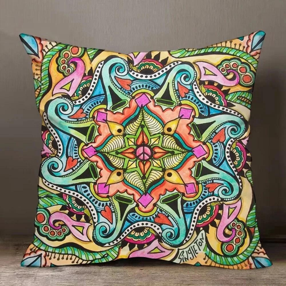 Home Decor Colorful Mandala Patterned Decorative Pillow Covers Pattern Cushion Cover Suitable For Sofa Bedroom Car Pillow Cover