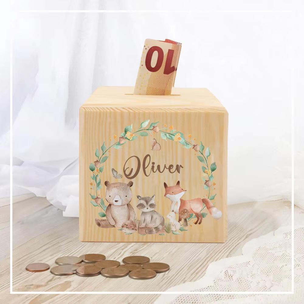 Spersonalizowana Skarbonka Zwierzę z Imieniem Skarbonki dla Dzieci Pudełko na Kolekcję Monet Drewniany Banknot Bank Dziecięce Urodziny Chrzciny Baby Shower Prezent