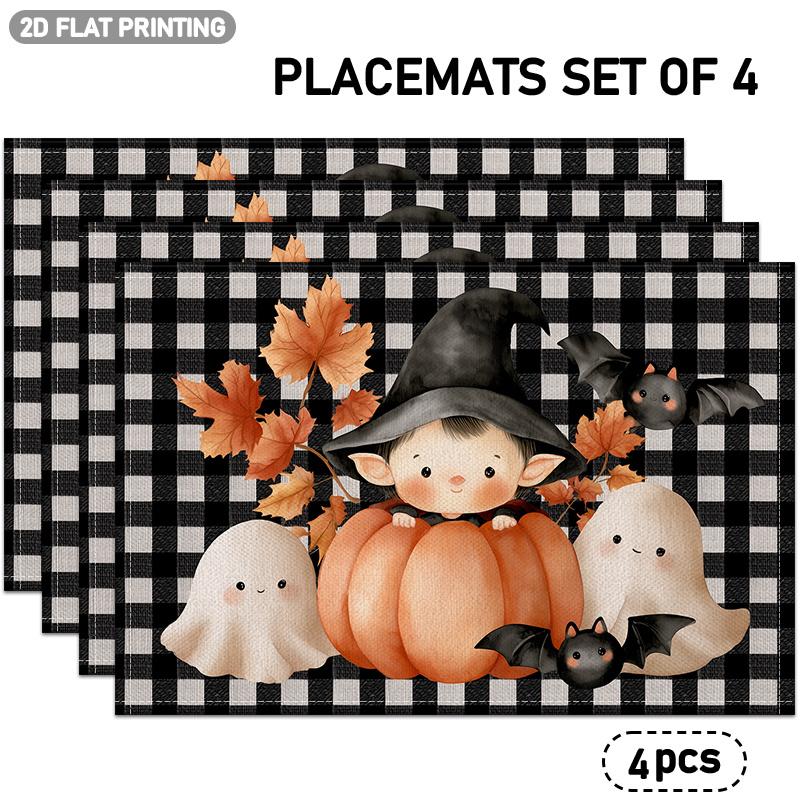 4pcs or 6pcs Placemats Suitable for Halloween Table Decor with Wizard, Pumpkin,, Bat & Maple Leaf Designs - Plaid Table Dining, Hand Washable Rectangu