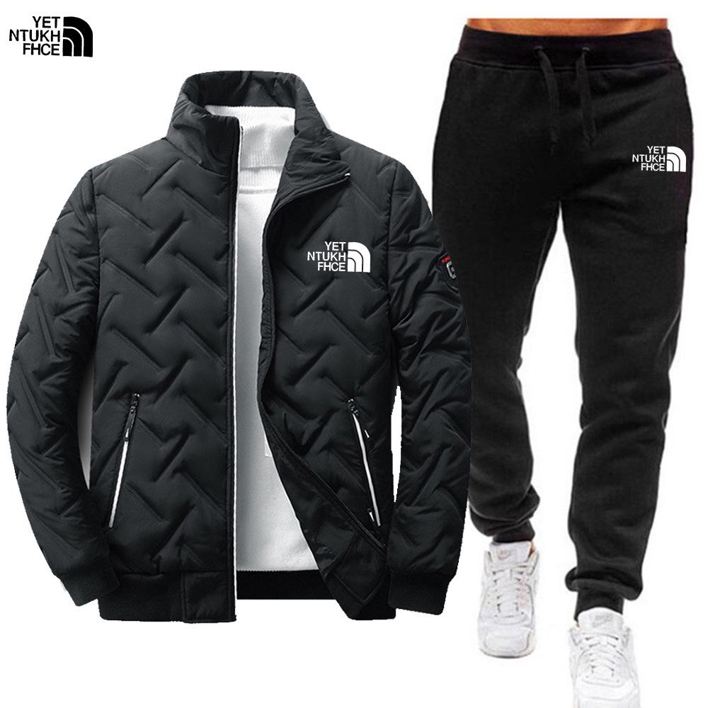 Men's Cross-Border Winter Warm Cotton-Padded Stand-Up Collar Jacket and Trousers Two-Piece Set