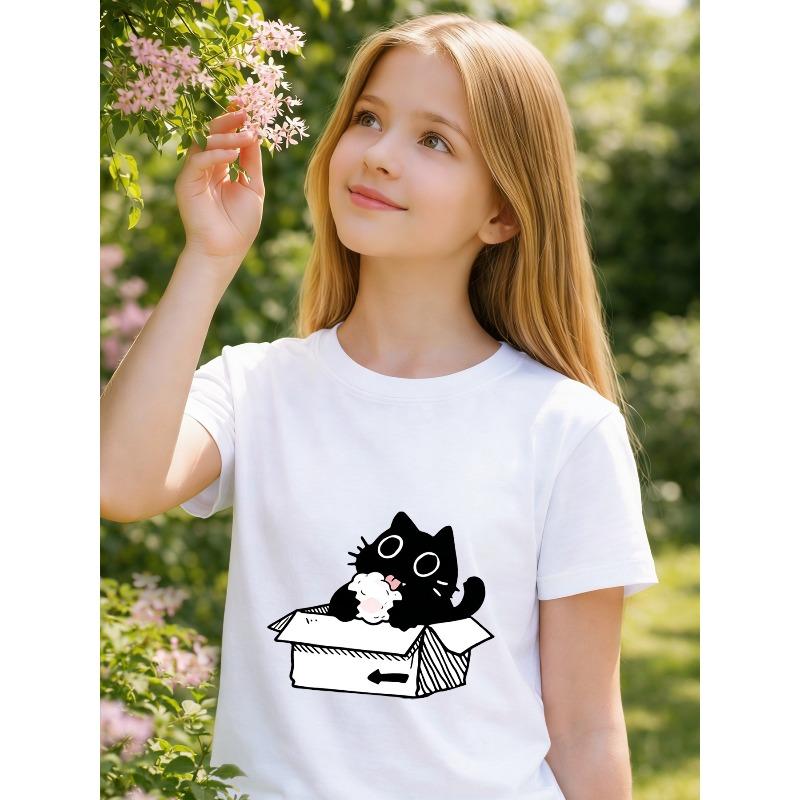 Girls Black Cat Eating Marshmallow Print Crewneck Short Sleeve Casual Summer Tee 110 белый