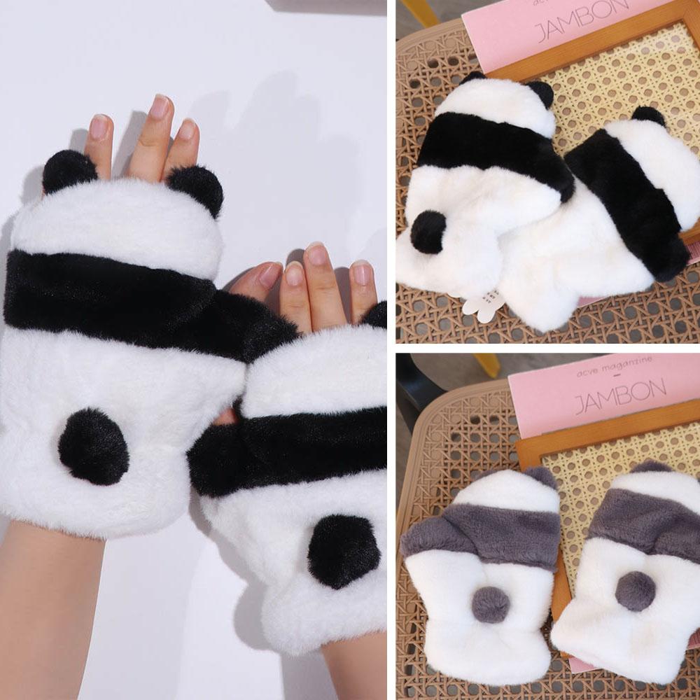 Fleece-lined Half Finger Gloves  Winter Velvet Mittens Cute Panda Plush Gloves  Riding