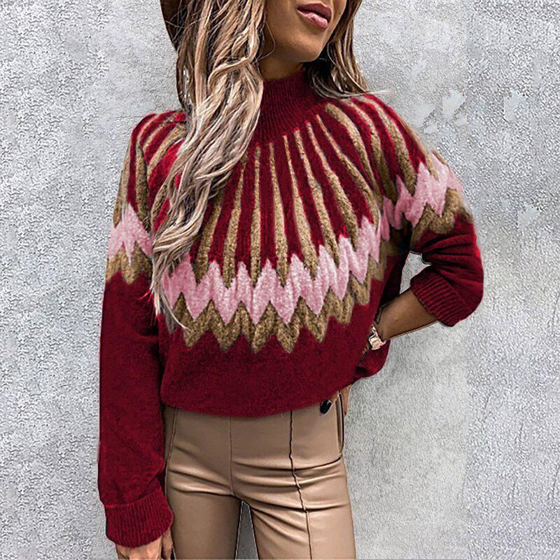 Womens Winter Loose Fit High Neck Long Sleeve Knit Sweater With Print Casual Elegant Style