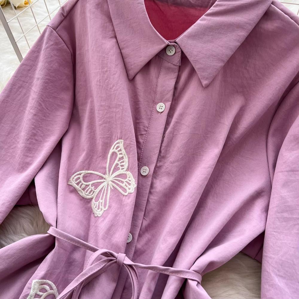 Elegant Butterfly Embroidered Polo-neck Vintage Long Sleeves Single Breasted Slim A-line Long Dress French High Street Clothing