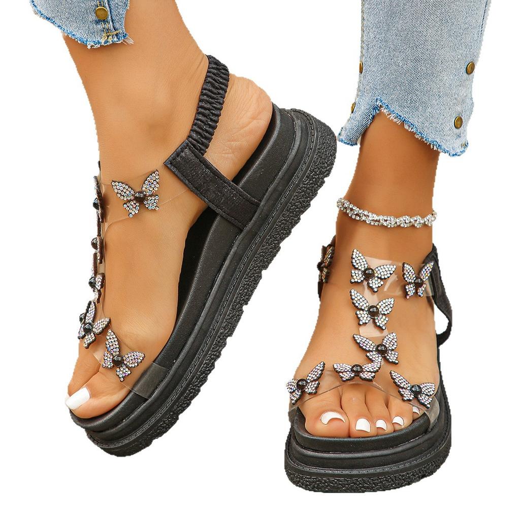 Fashion Rhinestone Butterfly Decorative Platform Sandals 2025 Summer New Elastic Band Wide Fat Feet Flat Open-toed Sandals