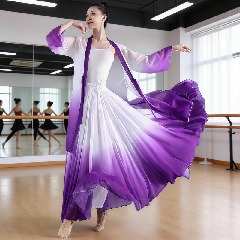 Women's Lyrical Dance Skirt Gradient Color Chiffon Long Swing Sheer Wrap Skirts for Modern Ballet Performances