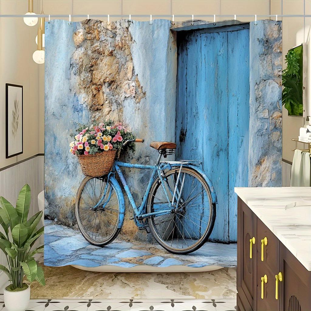 1 Stück Vintage Fahrrad und florale Straßenszene Duschvorhang - Hochwertiger Polyesterstoff, Perfekte Dekoration für alle Jahreszeiten