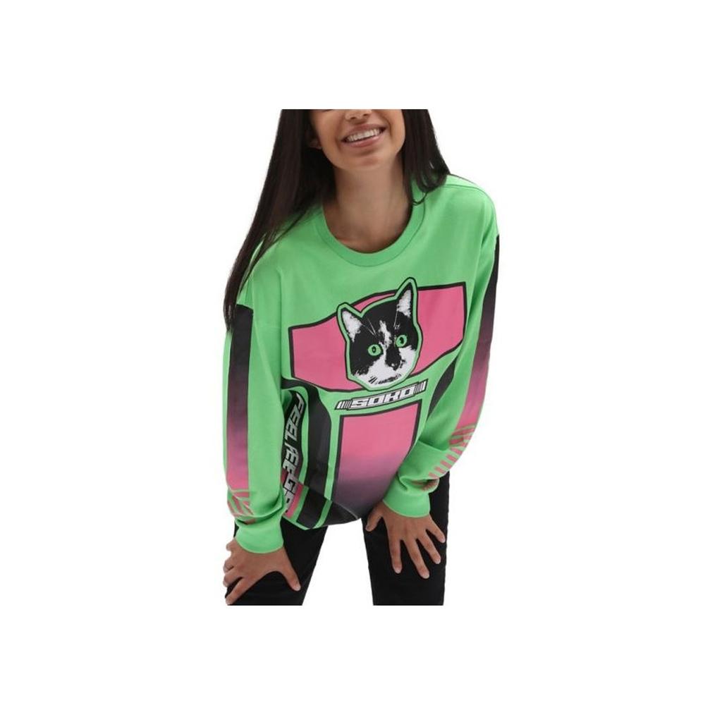 Vans X Sarah Andelman Collaboration SS22 Cartoon Cat Letter Print Crew Neck Pullover Long Sleeve T-Shirt Women Tops Green VN0A7RLQYRO