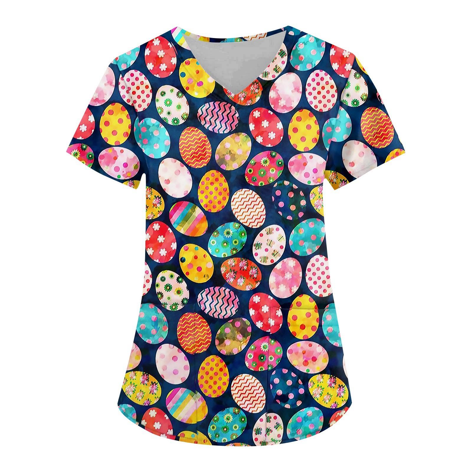 

Женская мода с v-образным вырезом, короткими рукавами и карманами, топы с пасхальным принтом M