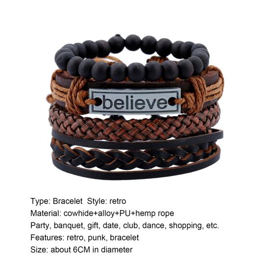 4Pcs/Set Men Fashion Adjustable Faux Leather Braided Rope Believe Letters Beaded Bracelet