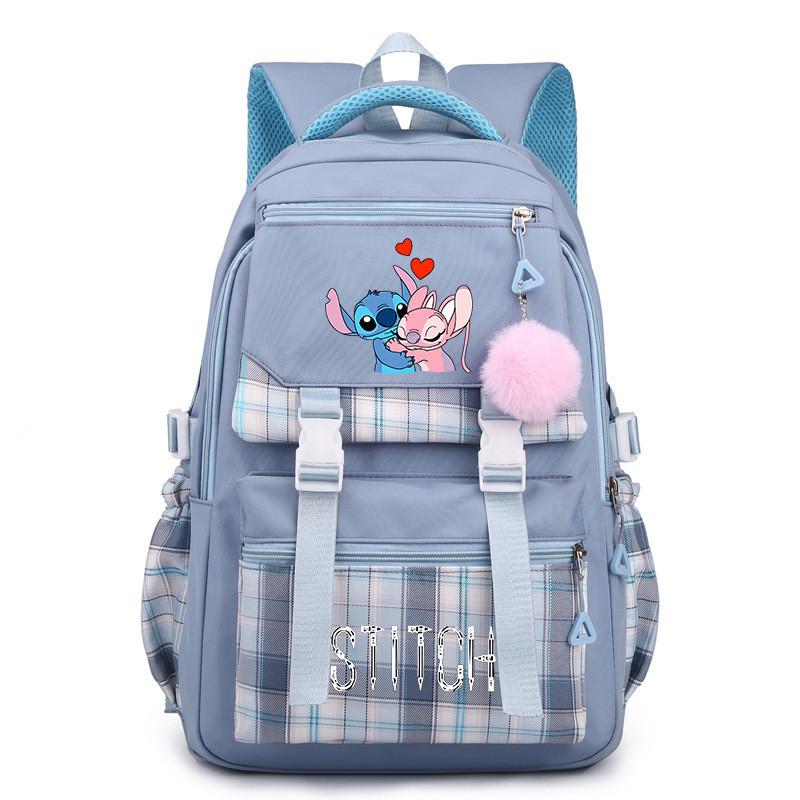 Cute Girl Backpack For School With Stitch Print And Checkered Patchwork Design For Middle School Students