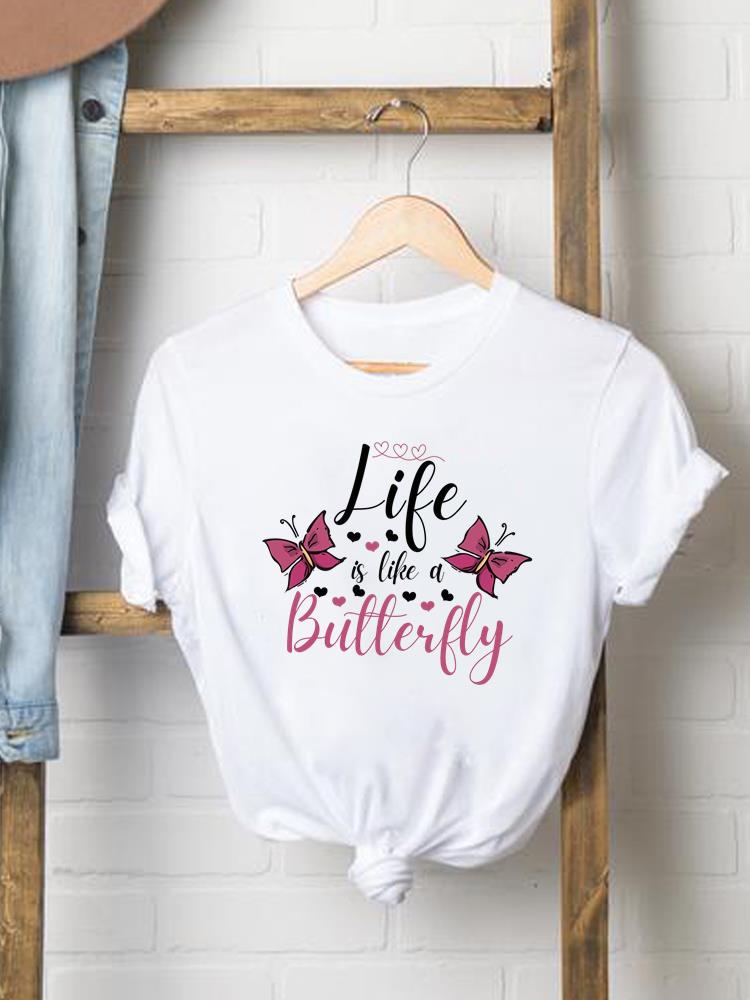 (Asiatische Größe) Blume Schmetterling süß 90er Jahre Frau Druck Damenbekleidung Kurzarm T-Shirt Mode Tee Top Damen Grafik-T-Shirts