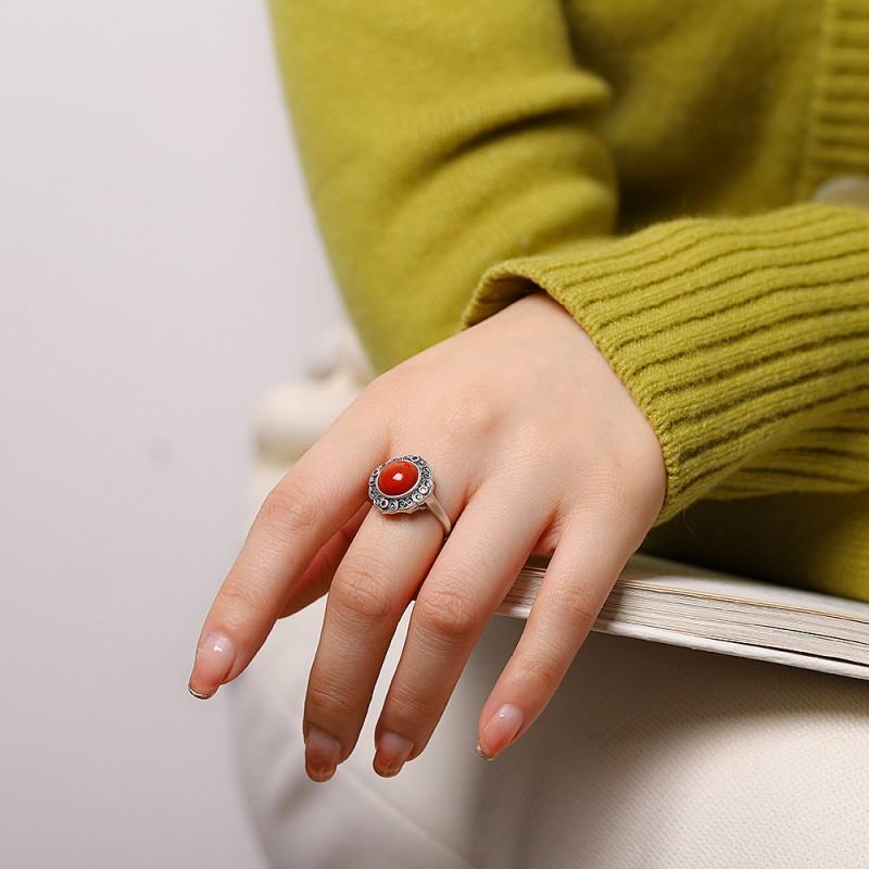 Adjustable Open Ring Men Women Vintage Bohemian Style With Hollow Geometric Plated Red Agate Stone