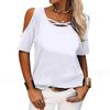 Women White Cold Shoulder Short Sleeve T Shirt With Criss Cross Neckline Casual Top