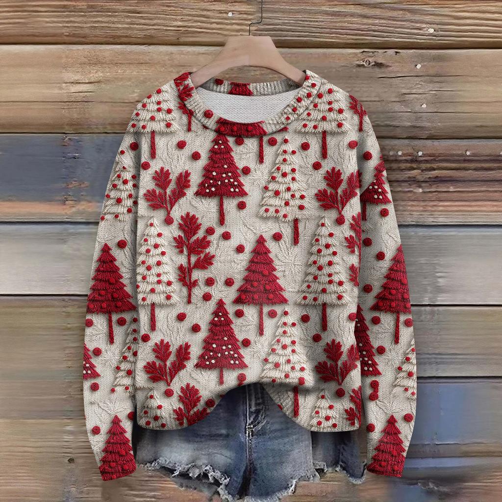 Long Sleeve Pullover Sweaters For Women O Neck Casual Cute Printing Knit Oversized Sweater
