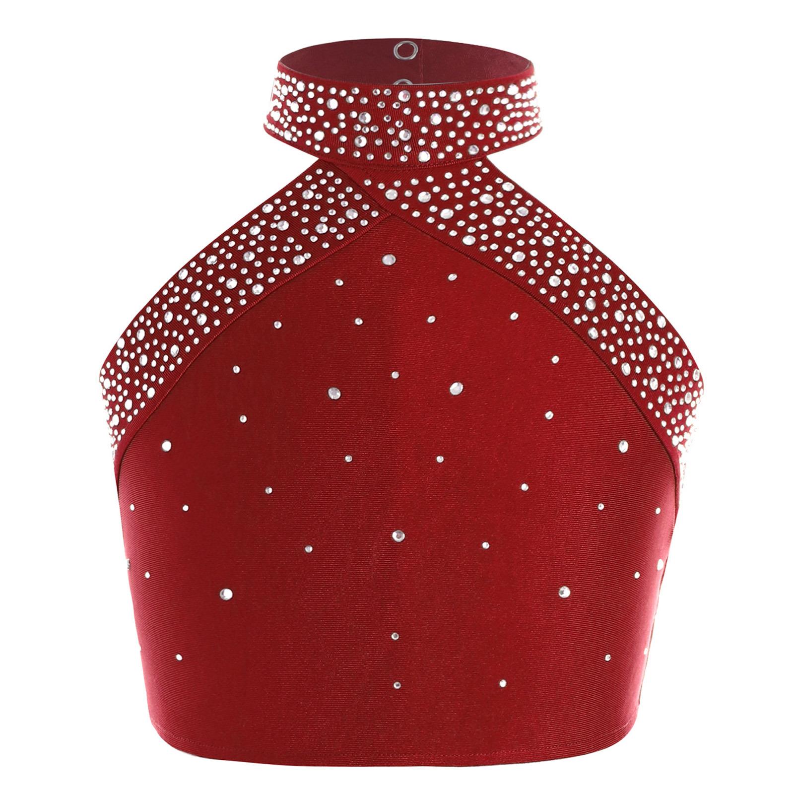 

Блестящий танцевальный топ для девочек с бретелькой через шею, без рукавов, с открытой спиной, с перекрестными бретелями, со стразами, жилет для выступлений 5-6 Years бордовый