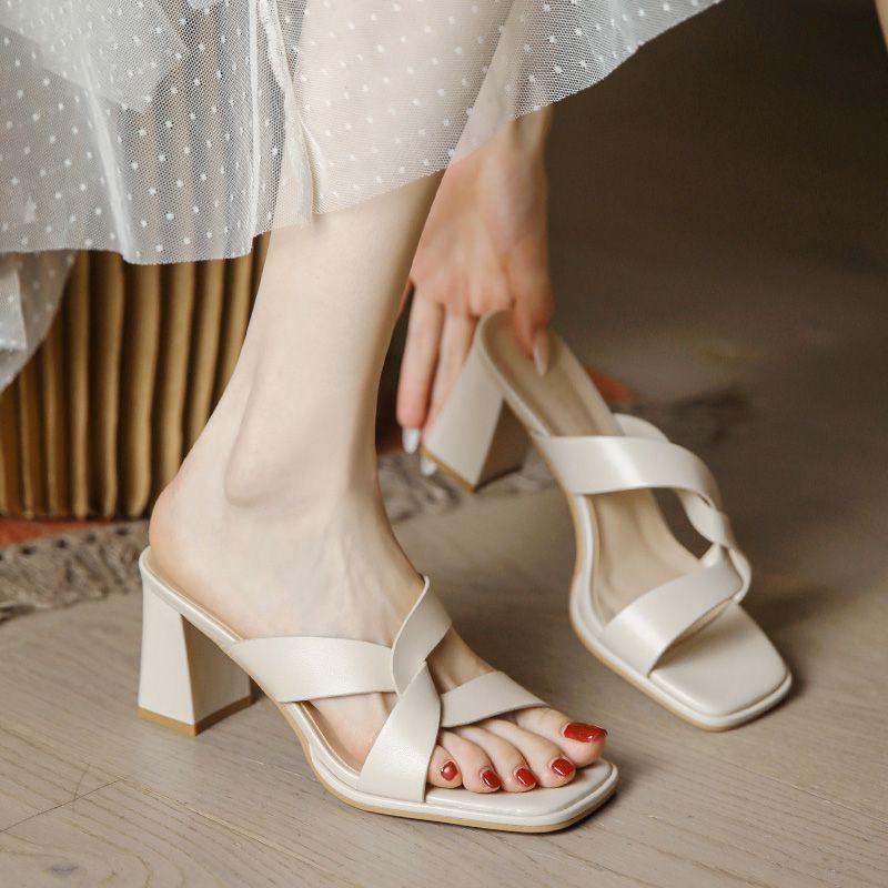 Open-toed high heels women's thick heels 2025 summer new Roman lazy shoes wear a pedal square head cool slippers women