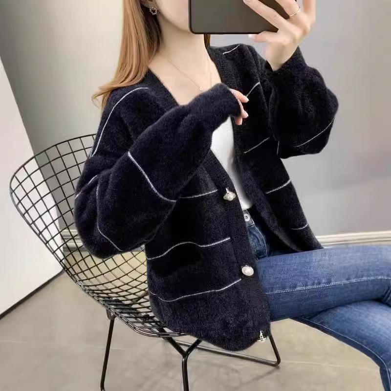 Cardigan tricotat larg cu gât în V pentru femei, Toamnă și Iarnă, Stil nou leneș, La modă, Simplu, Casual, Jachetă pulover cu dungi