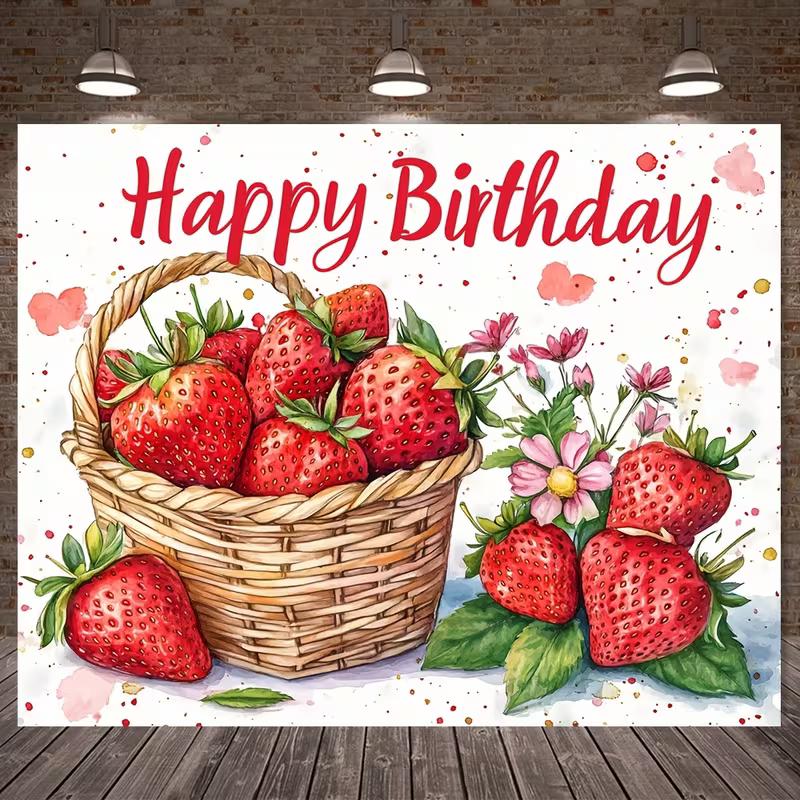 2D Watercolor Strawberry Happy Birthday Background