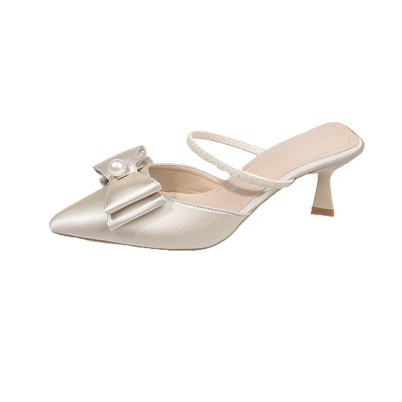 Fashion Pearl Butterfly Knot Head Slippers Summer New Pointed Head Shallow Mouth Line with Anti-slip Wear-resistant Heel Shoes