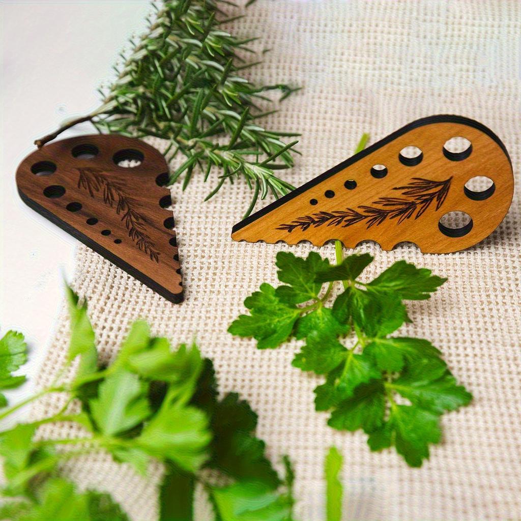1/2pcs Kitchen Herb Peeler and Stem Remover- Strong Drainage Hole Design, Elegant Black Brown Wooden Appearance 2D Flat