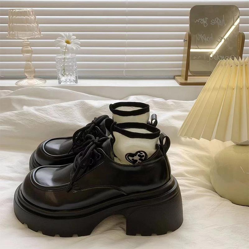 Black British style thick heel lace-up small leather shoes for women's spring and autumn new Japanese JK heightening Mary Jane commuter work shoes