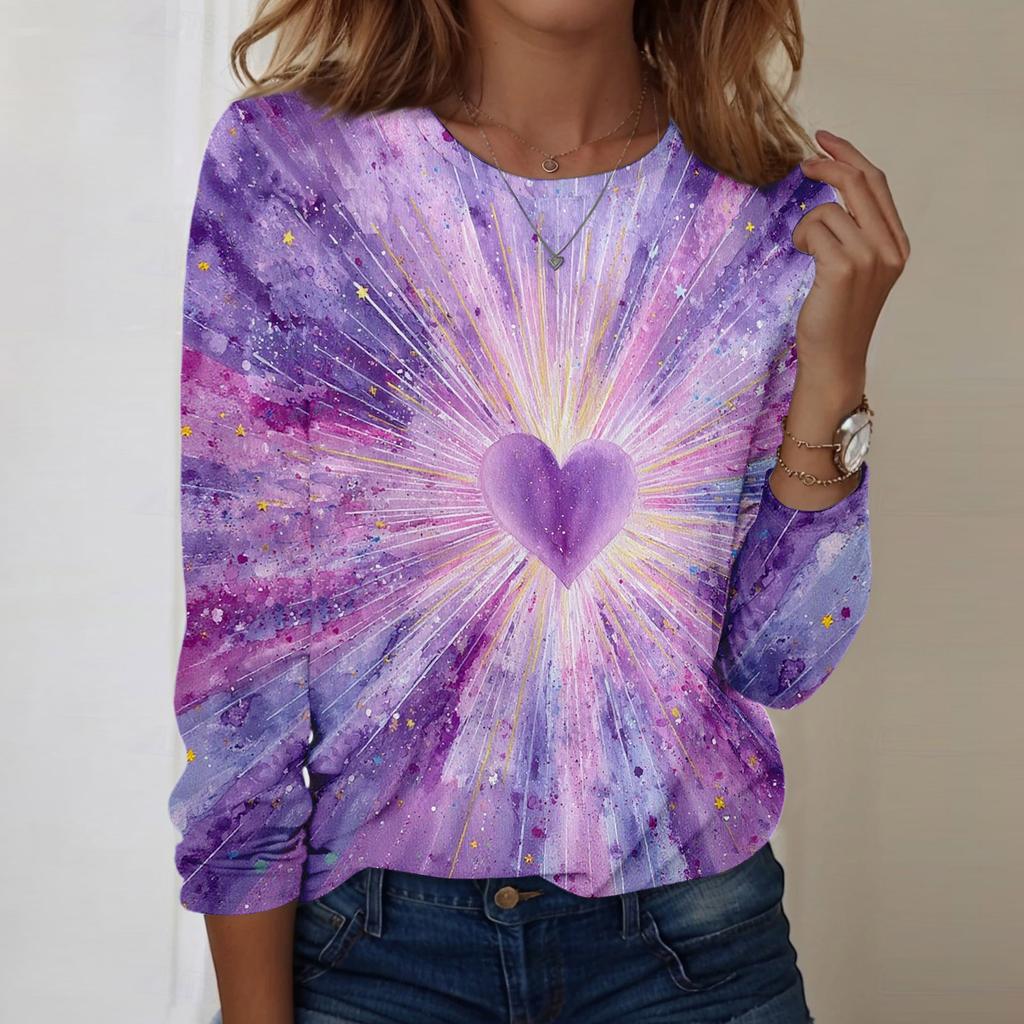 Damski casualowy top z długim rękawem, z nadrukiem walentynkowym, z okrągłym dekoltem