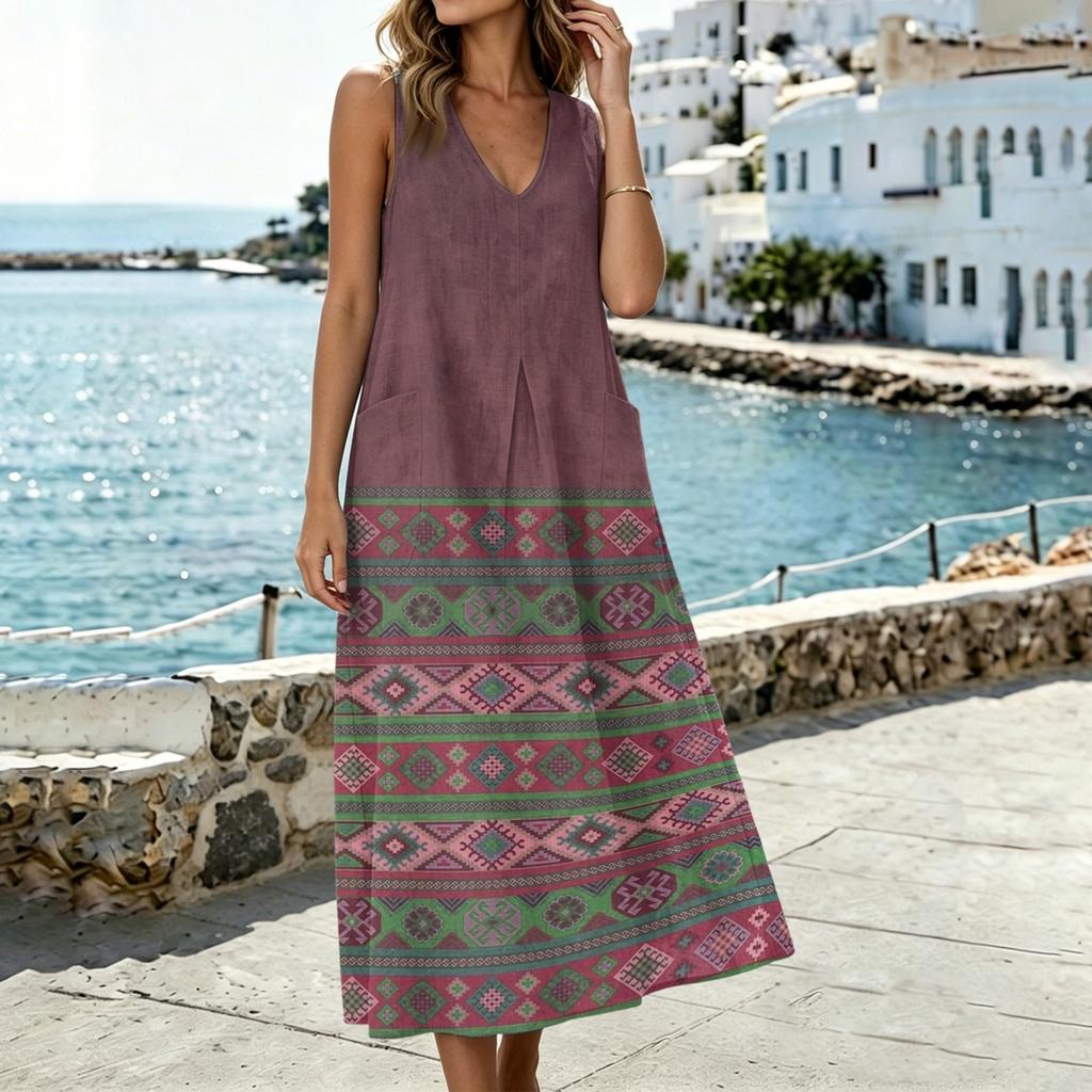 Women's Sleeveless U Neck Midi Dress with Pockets and Side Slits Cotton Linen Floral Print Casual Loose Fit Vest Dress