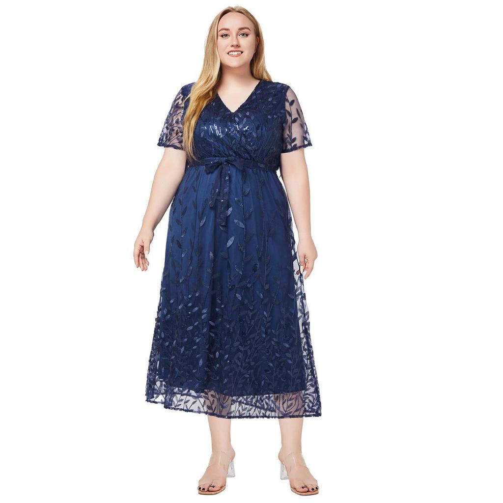 2026 Plus Size V-neck Short Sleeve Sequin Embroidery Bridesmaid Banquet Dress for Spring/Summer (European/American Style)