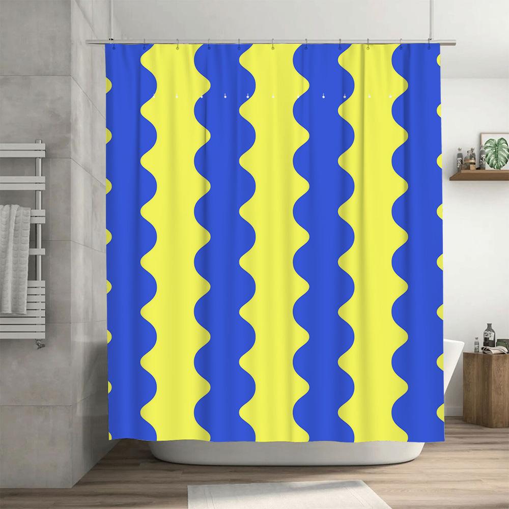 Bright Blue Yellow Shower Curtain Set Polyester Waterproof Bath Decor With Hooks (Set Of 1)