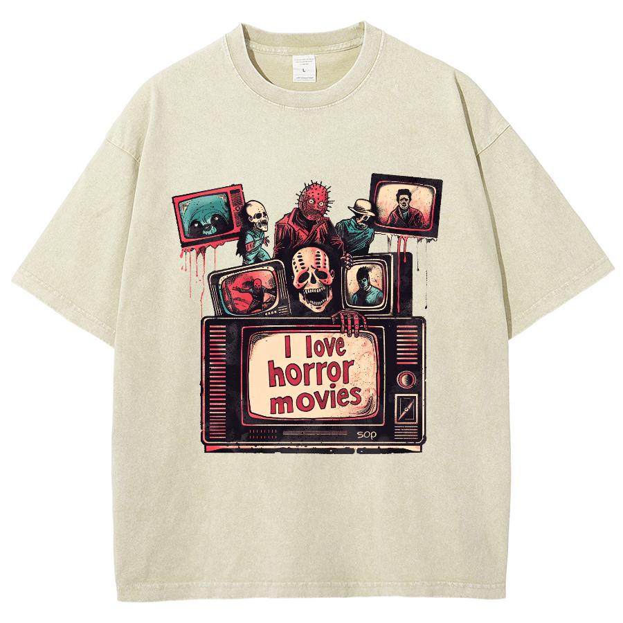 Horror Movie Style Cartoon Print T-Shirt Oversized Elastic Short Sleeves Comfortable Breathable Design Funny Top