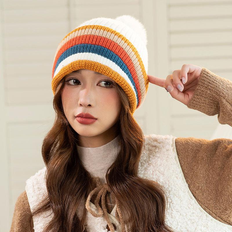 Rainbow Mixed Color Knitted Warm Hat Women's Fleece Warm Ear Protector Hairball Hat Dopamine Face Small Wool Hat