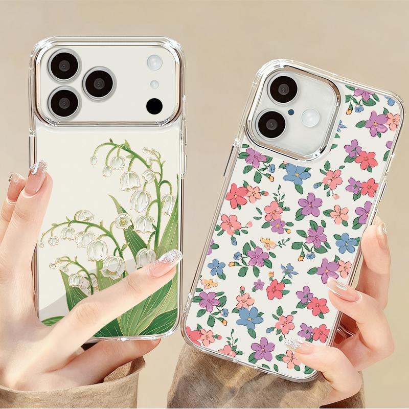 Blue Purple Flower Pattern Case For iPhone 17 Pro Max Plating Lens Frame Clear Soft Cover For iPhone 16 15 14 13 Pro Max 11 16E 17E