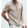 New Cotton and Linen Short-sleeved Men's T-shirt Stand-up Collar Buckle Semi-open Simple Short-sleeved Shirt Men's Summer Solid Color Thin
