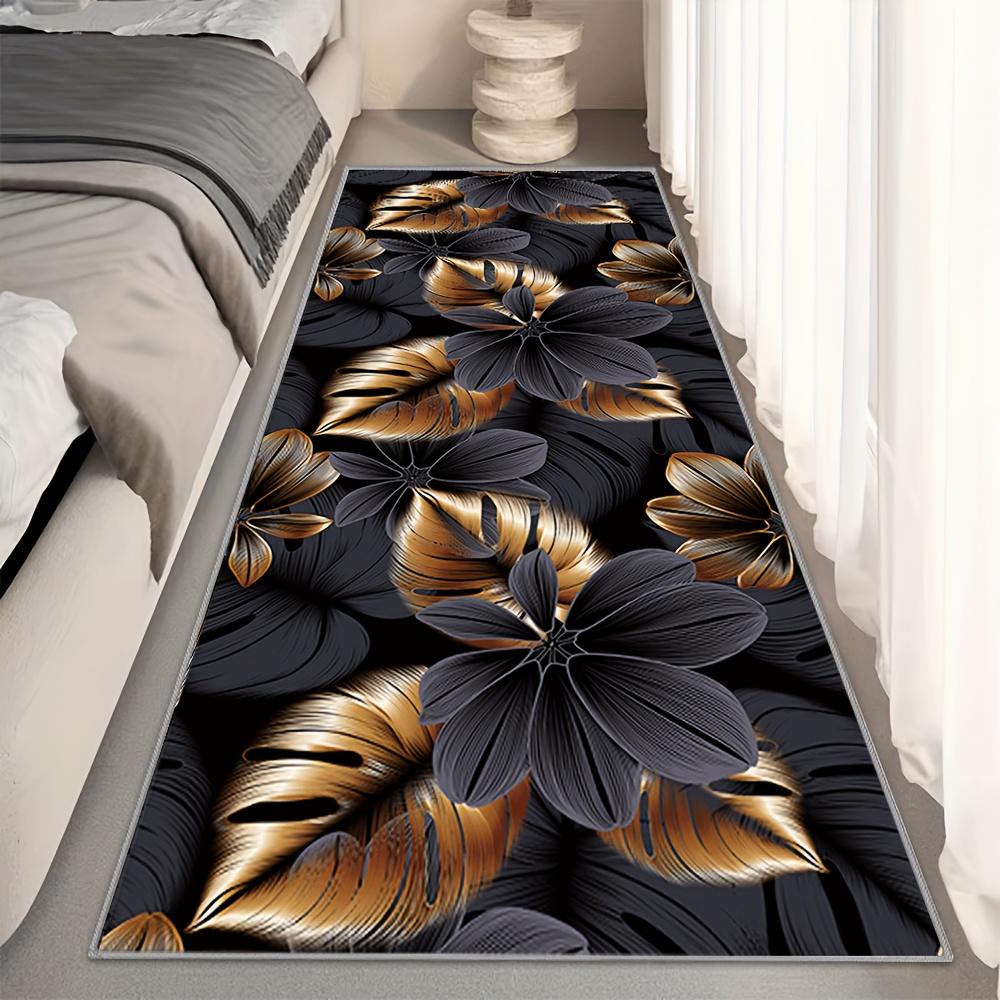 1Pcs Stylish Golden & Black Floral Non-Slip Washable Area Rug Runner for Entryway, Living Room, Bedroom & Patio