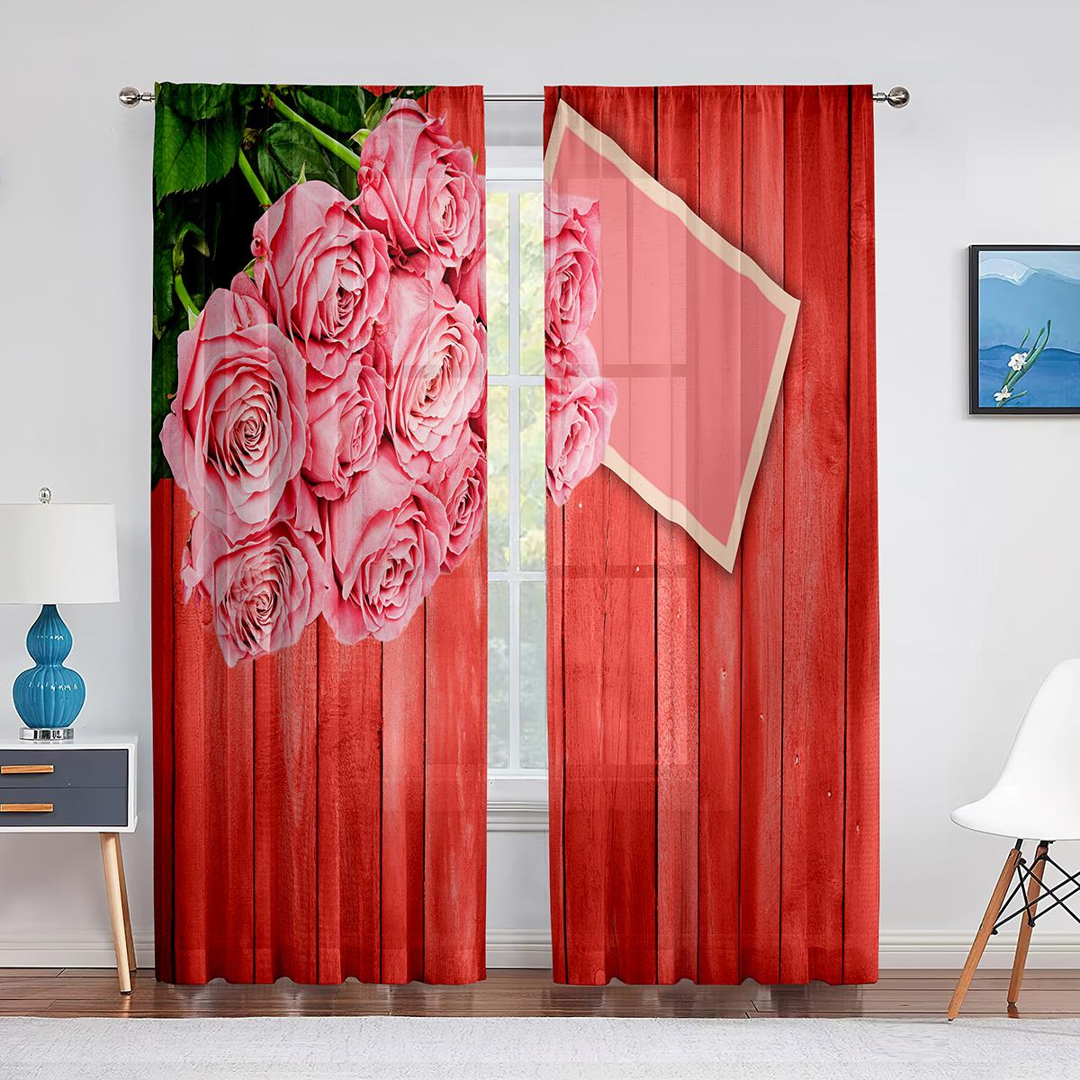 Красная Роза День Святого Валентина Цветочный Романтический Тюль Прозрачные Оконные Шторы — фото 8