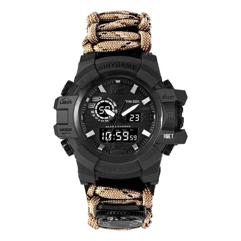 Men's Outdoor Survival Watch with Dual Display, Life-Saving Rope, Fire Starter, Whistle, and Compass