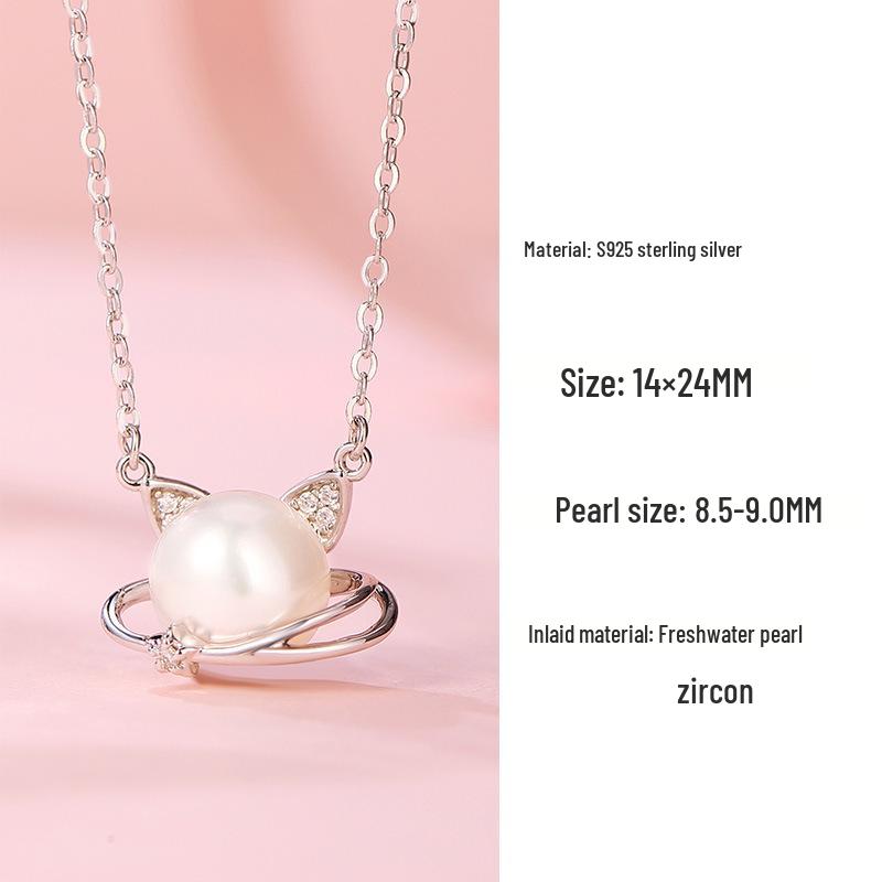 S925 Sterling Silver Planet Cat Necklace with Freshwater Pearl - Cute Forest Style Clavicle Chain 925 Sterling Silver