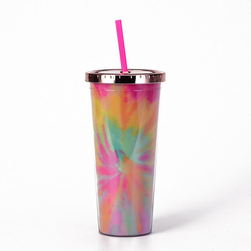 Tie-Dye Straw Cup 24Oz Double-Layer Plastic Water Cup Can Be Customized Creative Paper Card Diy