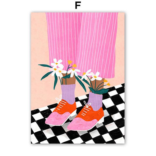 Boho Mode Mädchen Blumenvase Illustration Wandkunst Leinwandmalerei Abstraktes Poster und Drucke Bilder für Wohnzimmerdekor